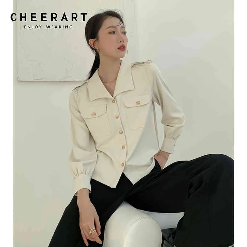 Spring Fashion Women Long Sleeve Button Up Shirt Gold Collar Pockets Ladies Designer Tops And Blouses 210427