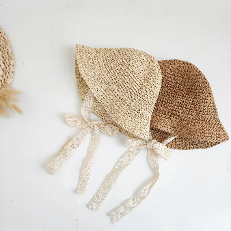 10 Stück Baby-Schnürhut aus gewebtem Stroh, Kinder-Sonnenhüte für Frühling und Sommer für Mädchen