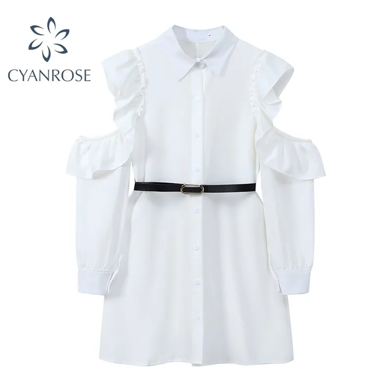 Sommerfrauen schulterfreies weißes Hemdkleid Rüschen Patchwork gerade Vestidos Einreiher Revers OL koreanische Kleider 210515