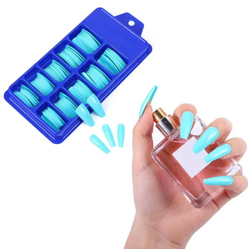 Pressão de unhas falsas na unha Faux Onlis Long Ballet Color Sólida Capa Completa Caixão T Trapezoid A ABS Uma caixa tem 10 grades, cada grade tem um tamanho, total de 10 tamanhos