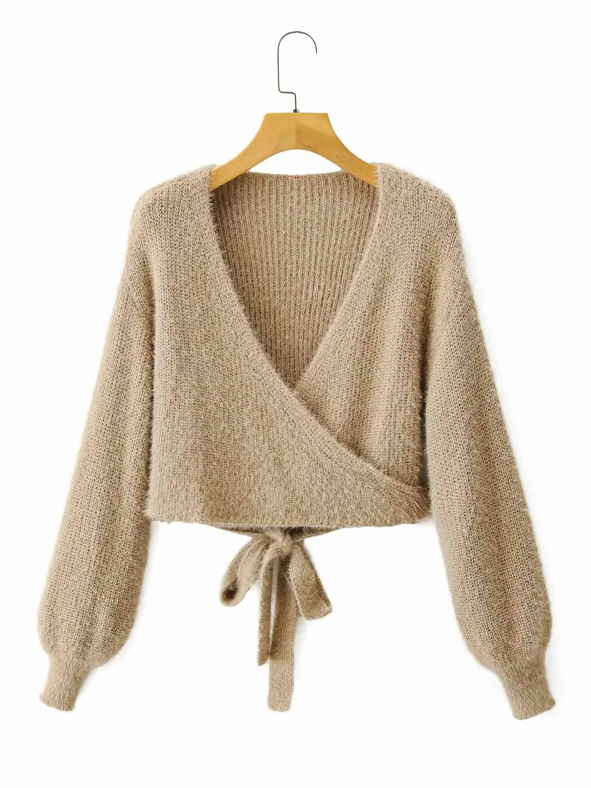 vintage lantern long sleeve mohair wrap sweater women v neck knitted autumn winter kahki fuzzy cropped tops 210427
