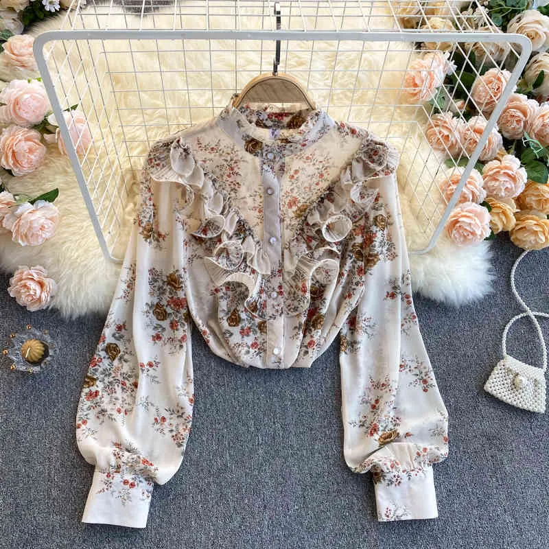 Singreiny Chiffon Floral Blus Kvinnor Vår O Neck Puff Sleeve Loose Ruffle Tops Boho Print Streetwear Blouses 210419