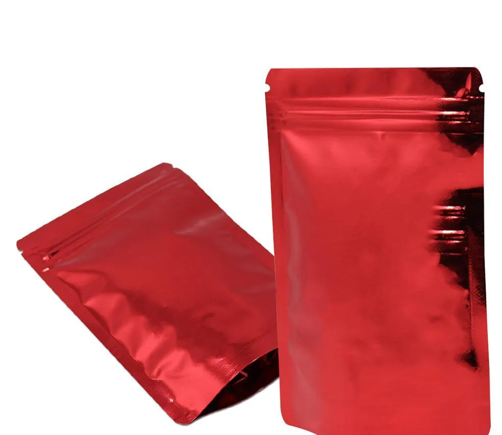 2021 100st Red Stand Up Glossy Aluminium Folie Zip Självtätning Förpackning Vattentät Bönor Spannmålspåse