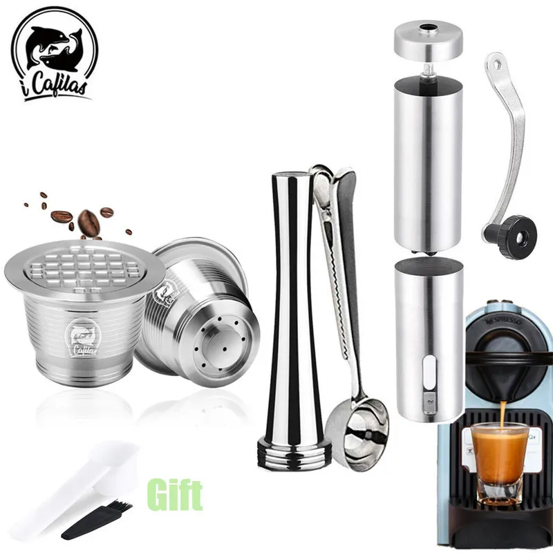 iCafilas Pour Nespresso Filtres À Café En Acier Inoxydable Rechargeable Capsule Espresso Dosettes De Tasse À Café Réutilisables Avec Cuillère À Tampon 220309