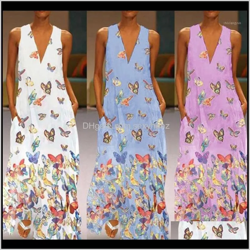 Casual Dresses Womens Clothing Apparel Drop Delivery 2021 Ruffles Boho Chiffon Loose O Neck Shift Tank Summer Plus Size Retro Dress 1 Rzrgh
