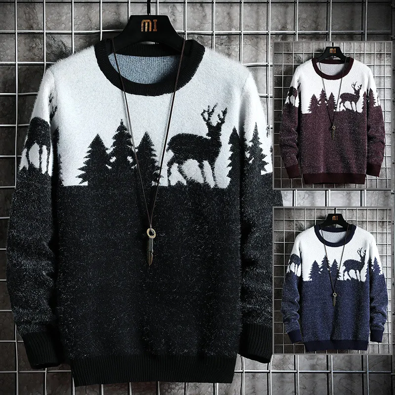 Höst Vinter Mens Stickad Animal Sweater Casual Julgran Hjort Pullover Vintage Slim Fit Sweaters Man Kläder Top