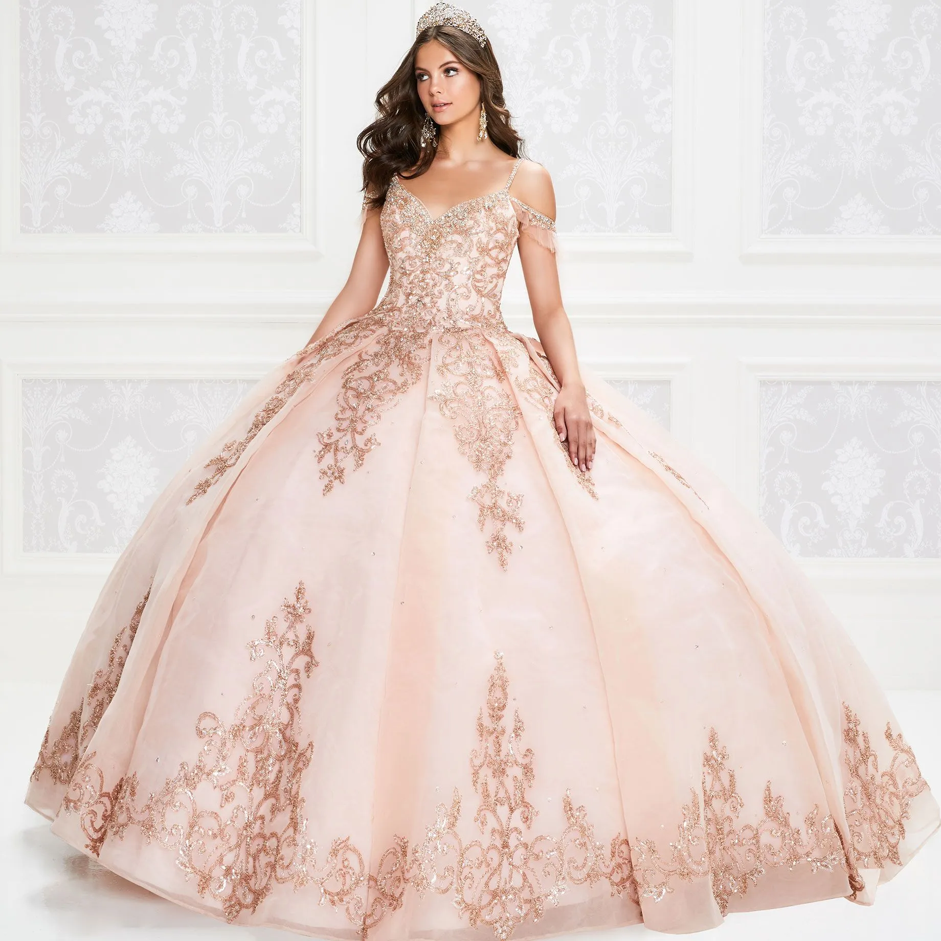 rose gold sweet 16 dress Pink Tulle Beaded Long Ball Gown, Beautiful A-Line Prom Dress, Pink Sw main image 1