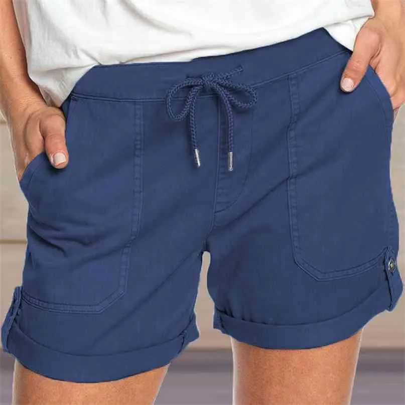 Solid Färg Straight Pocket Casual Korta Byxor Kvinnor Sommar Mitt Midja Lace-up Loose Plus Size Mini Shorts 210603