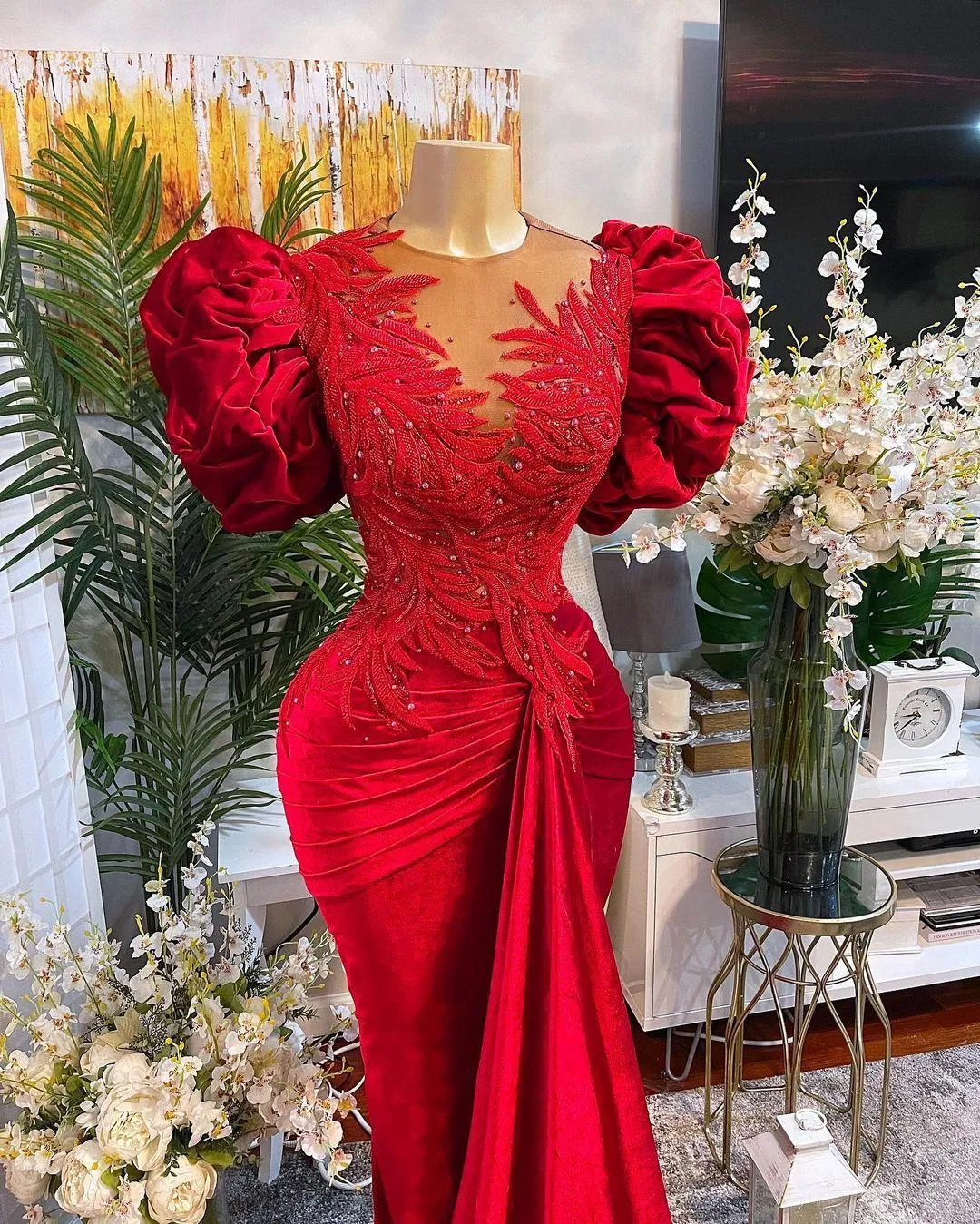 2022 Plus Size Arabic Aso Ebi Red Mermaid Lace Prom Dresses Pärled Sheer Neck Velvet Evening Formal Party Second Reception Gowns D293s