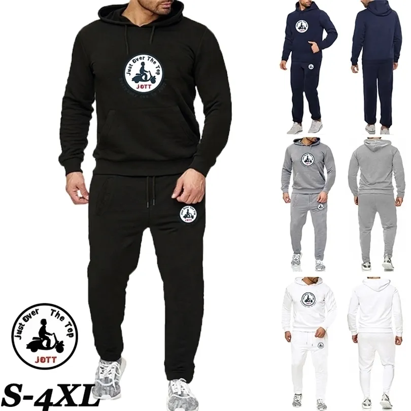 Höst och vinter Mode Mäns Tracksuit Solid Färg Hooded Sweater + Jogging Casual Pants Jott Print Design Kläder 211220