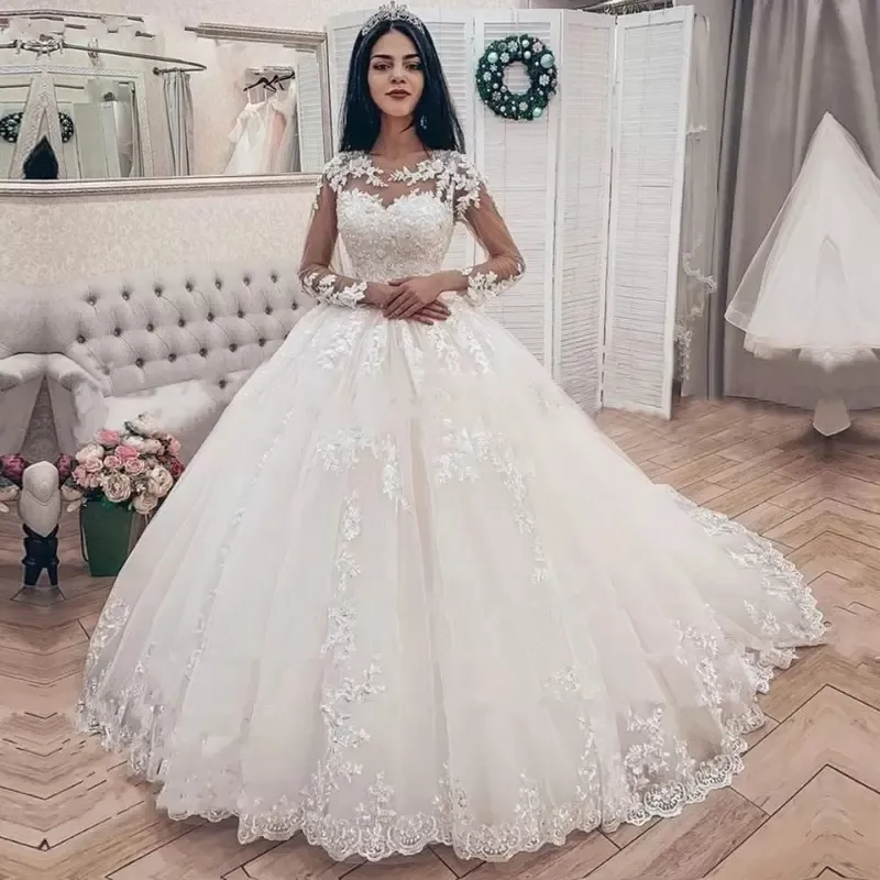 Мода Длинные рукава Бальное платье Свадебные платья Vestido de Noiva Appliques Cour Train Formance Pharts M359