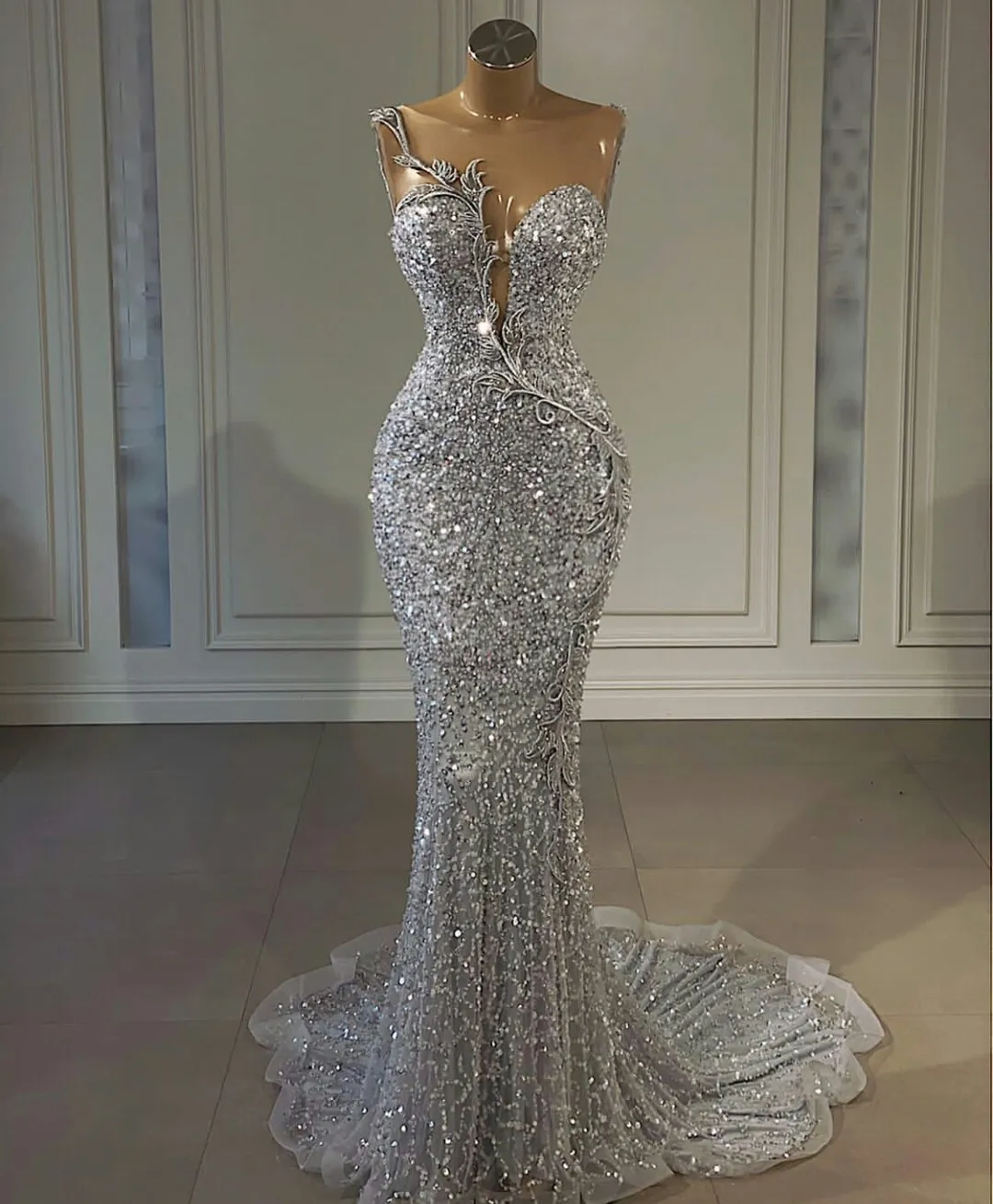 Świecący 2021 cekinami srebrny syrenka suknie balowe Aso Ebi arabski Jewel Neck afrykańskie suknie wieczorowe z koralikami Plus rozmiar recepcja druga sukienka