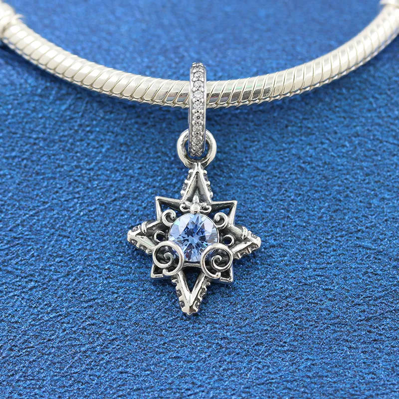 100% 925 Sterling Silver Cinder Blue Star Pendant Charm Bead Fits European Pandora Style Jewelry Charm Bracelets