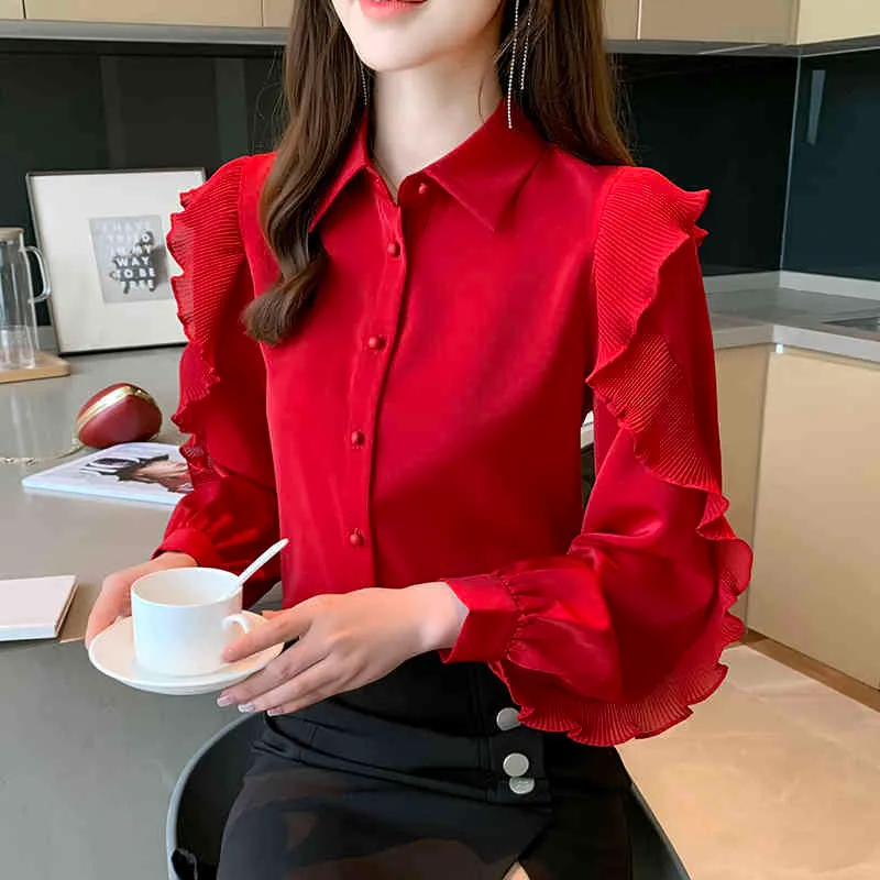 Kore Kadın Gömlek Bluz Kadın Fener Kol Gömlek Şifon Bluzlar Bayanlar Tops Artı Boyutu Ruffles Top XXL 210427