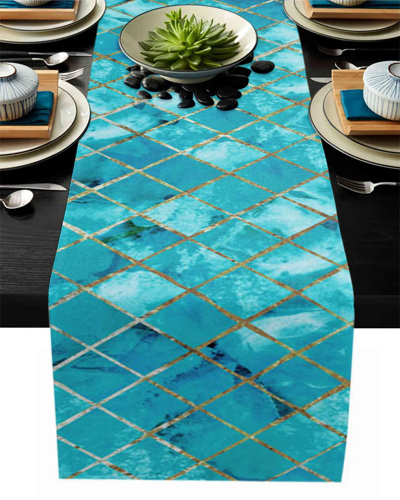 Turquoise Marble Lattice Table Runner Luxury Home Dining Coffee Holiday Wedding Decoration Party Dinner 211117