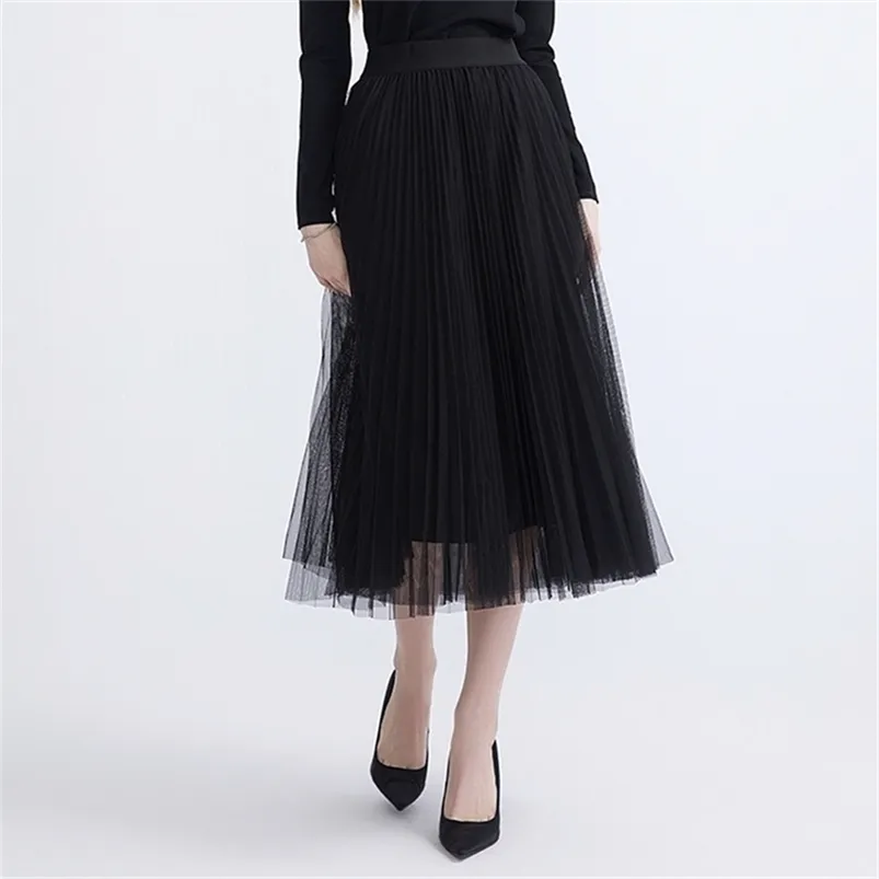 Spring Summer Gothic Black White Long Mesh Skirt Vintage England Preppy Style High Street Elastic Waist Basic Accordion Skirts 210621