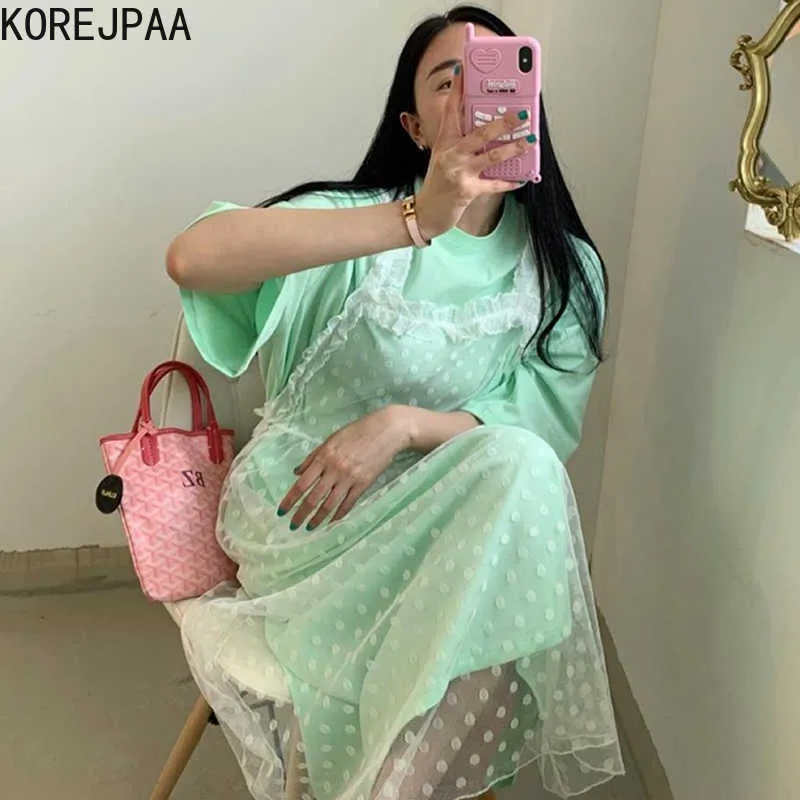 Korjpaa Kvinnor Klänning Sommar Koreansk Solid Färg Kortärmad Vestidos Transparent Mesh Polka Dot Trä öron Suspender Kjol 210526