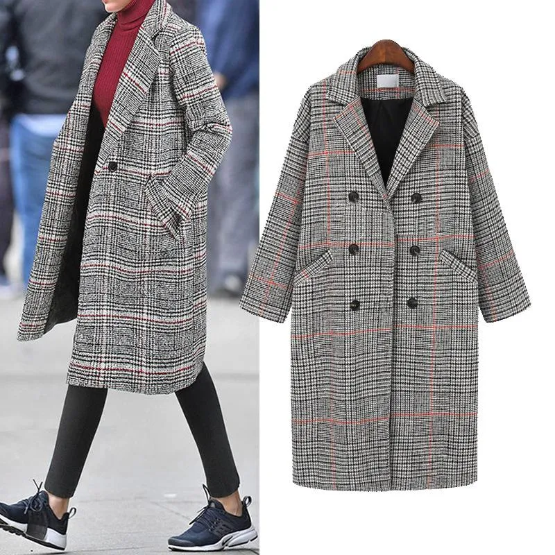 Misto lana da donna Cappotto scozzese taglie forti Giacca doppiopetto da donna Cappotti larghi lunghi Inverno