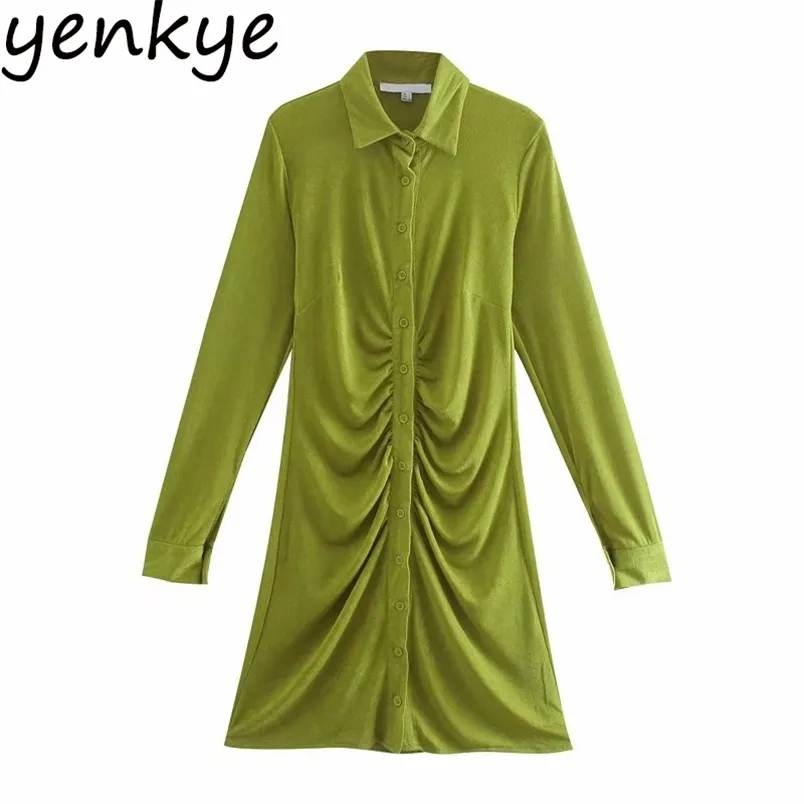 Fashion Women Vintage Solid Color Long Sleeve Dress Lapel Collar Front Draped Spring Autumn Casual Robe Femme 210514