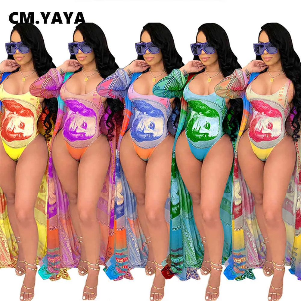 CM.YAYA Femmes US Dollar Imprimer Horloge Long Tops Maillot De Bain Body Costume Sexy Beach Bikinis Ensemble Survêtement Maillot De Bain Deux 2 Pièces Ensemble X0428