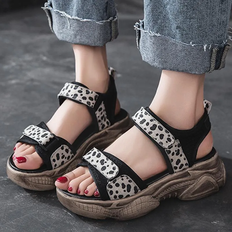 Sukienka Buty Casual Hollowing Out Sandals Wedge Grube Sole Leopard Platformy Platforma Lato Moda Roman Sneaker