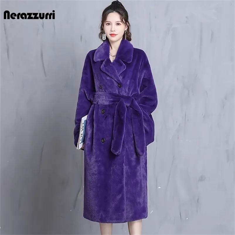 Nerazzurri Winter Übergroße Lila Warme Flauschige Weiche Faux Pelzmantel Frauen Langarm Gürtel Runway Lose Beiläufige Koreanische Mode 211122