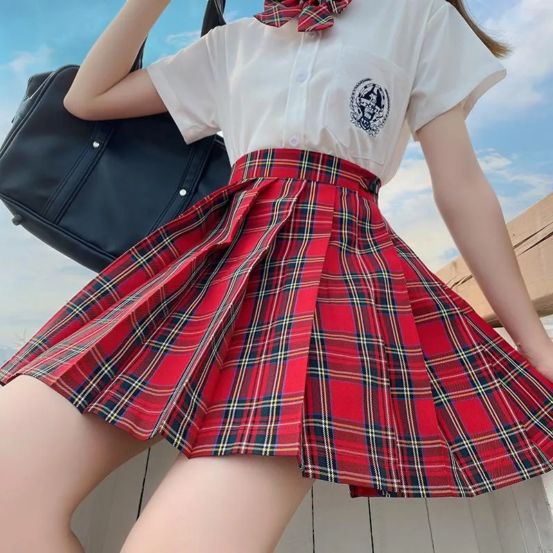 Saias vermelhas góticas góticas plissadas uniformes japoneses uniformes de cintura alta sexy mini saia xadrez jk roupas de estudantes