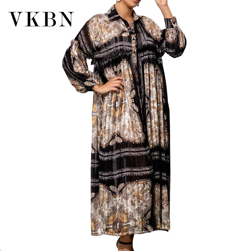 VKBN, vestido de mujer de manga larga con cuello vuelto, estampado a la moda, manga farol, camisa holgada, vestido de talla grande para mujer 210507