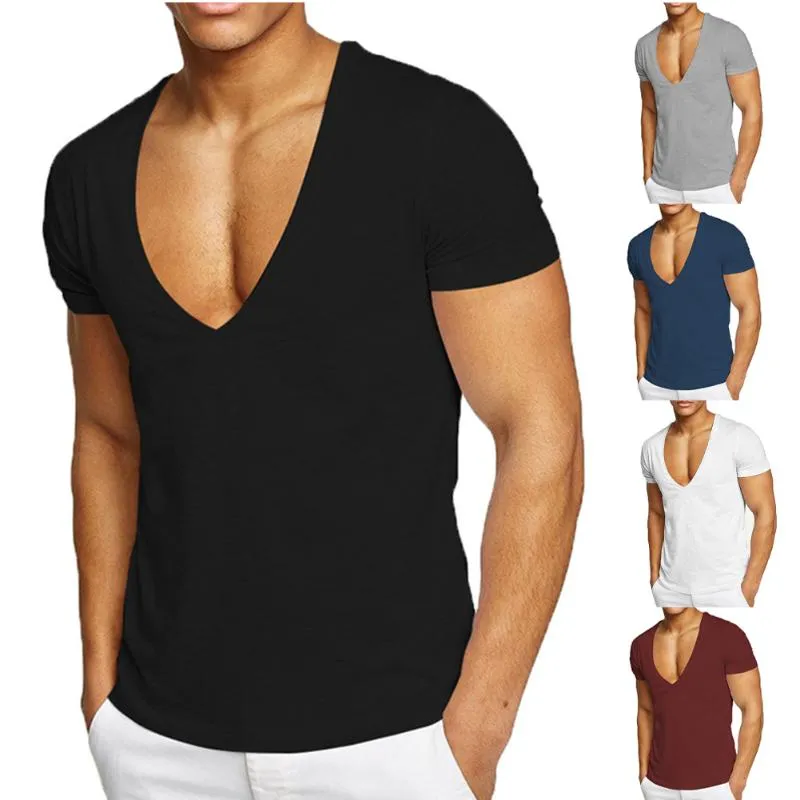 T-shirts DEEP V NUE T-tröja för män Low Cut Stretch Tee Osynlig Vee Top Short Sleeve Monterad mjukt slätt över storlek
