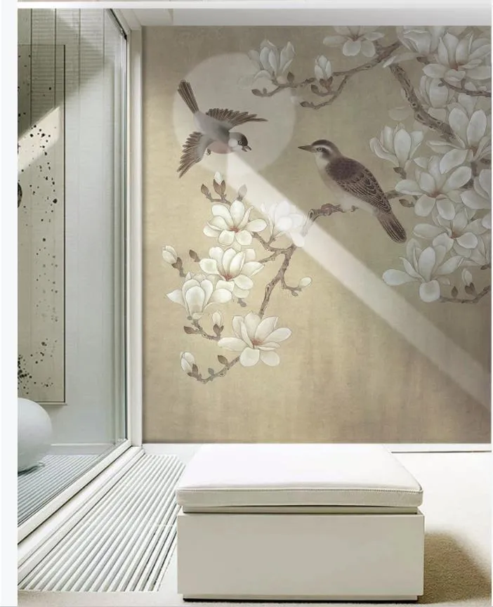 Bakgrundsbilder för vardagsrum kinesisk klassisk handmålade magnoliablommor och fåglar bakgrund väggmålning