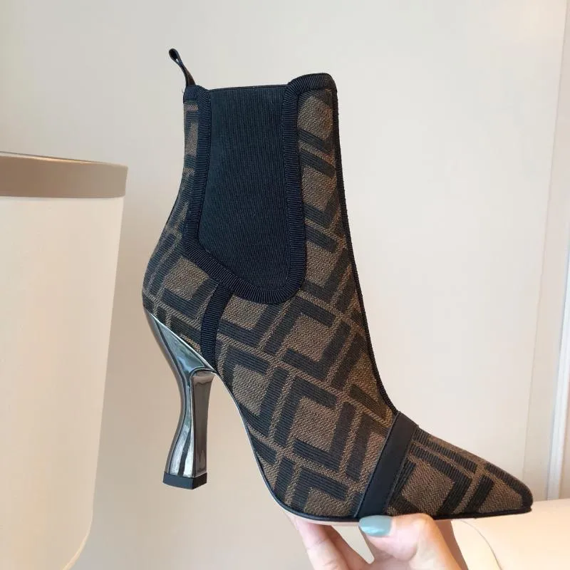 Merkschoenen Nieuwe designer korte laarzen Dames geprofileerde hak Halfhoge hakken Klassieke luxe letter Mode spitse neus stoffen patroon maat 35-42