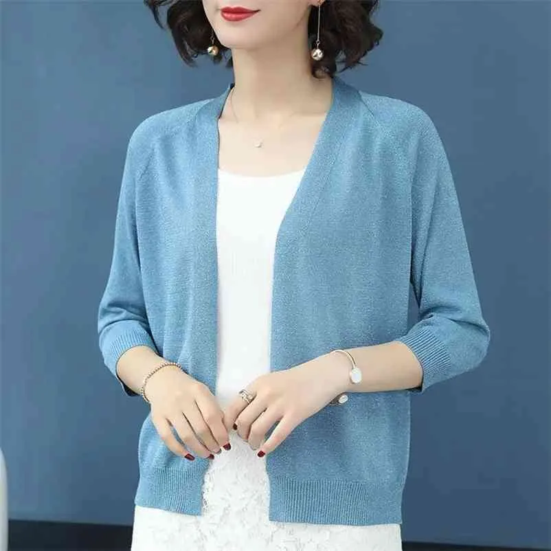 Basic Three Quarter Sleeve Bright Silk Cardigans Solid Color V-Neck Knitted Coat Female Large Size Casual Loose Women's Clothing 210522