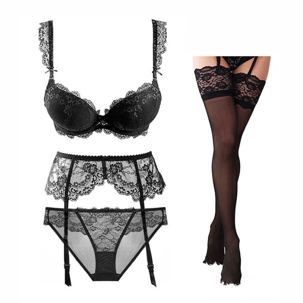 Sexy Underwear Lace Bra Push Up Lingerie Set Bra + Panty +Garter+Stockings  Q0705 From Sihuai03, $14.24