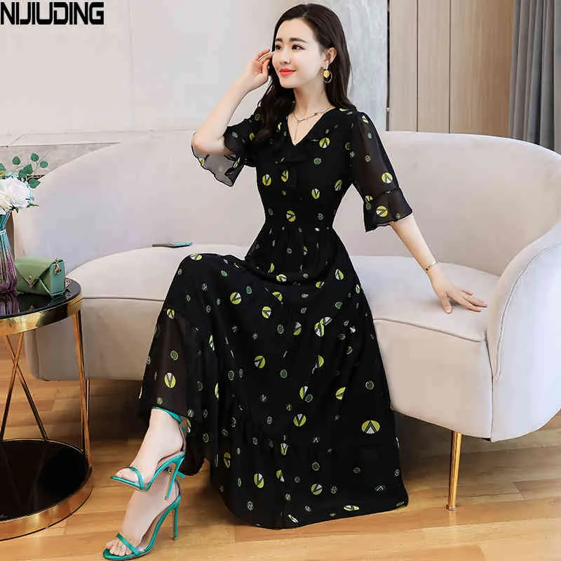 Women Black Chiffon Dresses Summer Short Sleeve V-Neck Dress Female Floral Print Elegant Vestido Plus Size 3XL 210514