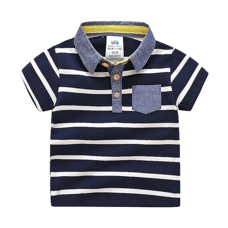 Casual 90cm 2 Years 18M 24M Baby Children Cotton Short Sleeve Turn-Down Collar Stripe Print Pocket Kids Teenage Boy T-Shirt 210414