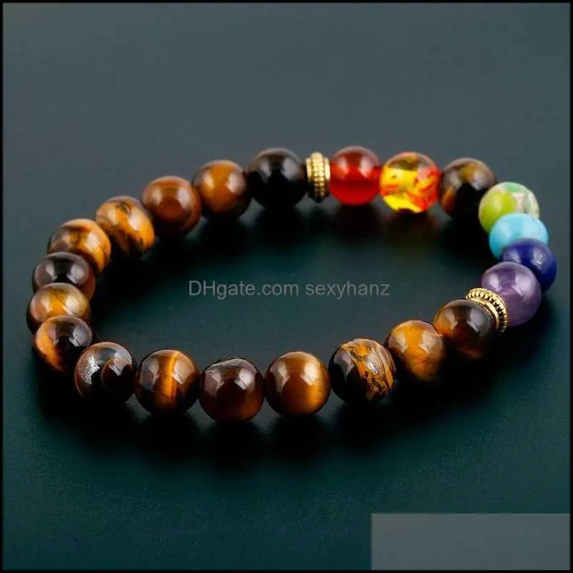 Natural Tiger Eye Stone 7 Chakra Bracelets & Bangles Yoga Balance Bead Buddha Prayer Elastic Bracelet Men Pulseira Drop Beaded,