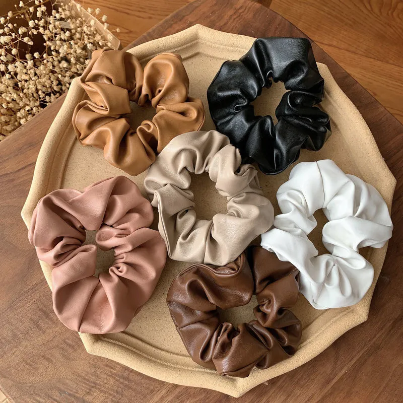 Temperament Elegant PU Leather Scrunchies Women Girls Elastic Hair Rubber Bands Accessories Rope Headdress 20pcs