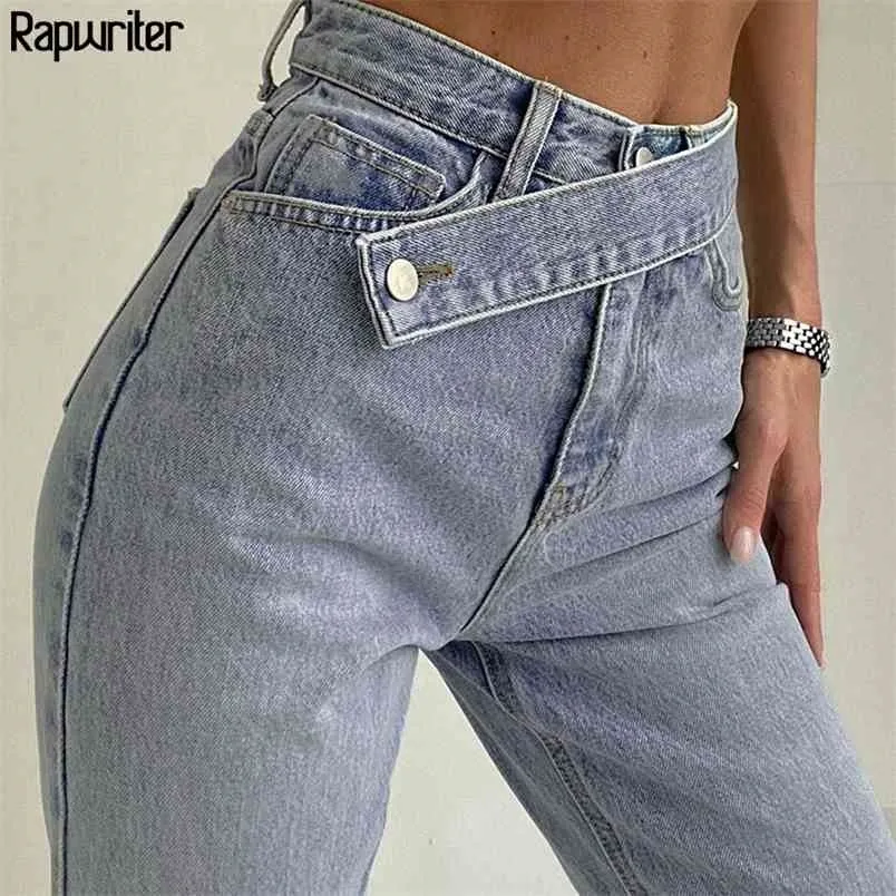 Stijlvolle blauwe hoge taille riem y2k mom jeans vrouwen herfst volledige lengte brede denim broek harajuku rechte broek streetwear 210708