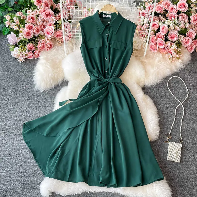 Summer Vintage Green/Pink/Khaki Dress Women Elegant Turn-Down Collar Sleeveless Single Breasted Vestidos With Sashes Female 2021 Y0603