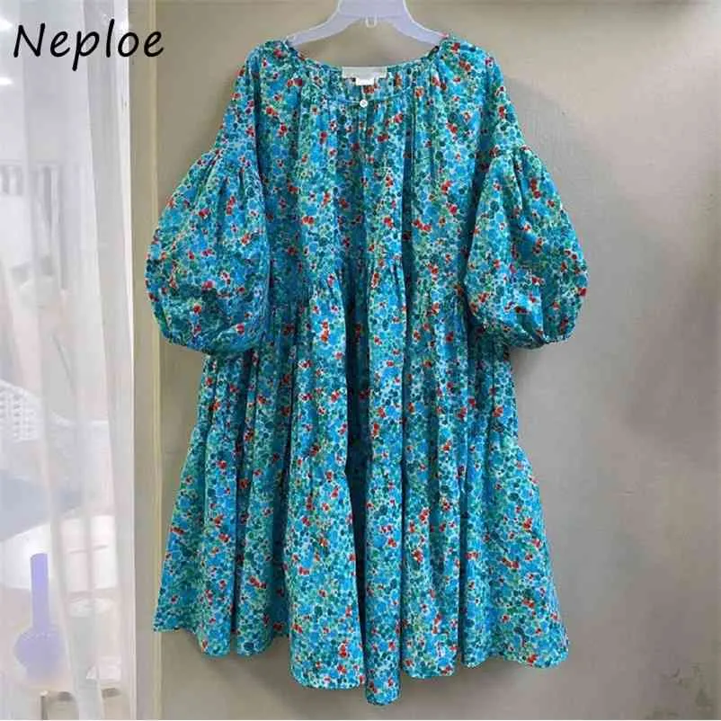 Korean Print Vintage Dress Women High Waist Hip A Line Knee Length Vestidos O Neck Lantern Short Sleeve Robe Loose Summer 210422