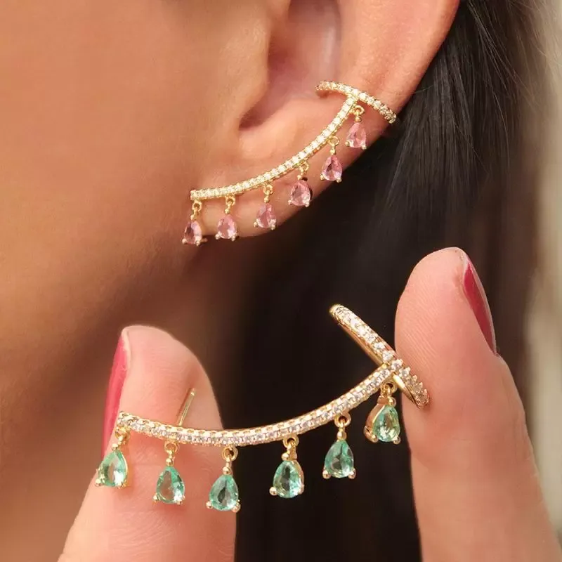 Boucles d'oreilles Tassel de goutte d'eau goujon avec pince d'oreille Crystal Zircon pour femmes oreilles Bijoux Boucles d'oreilles Kolczyki