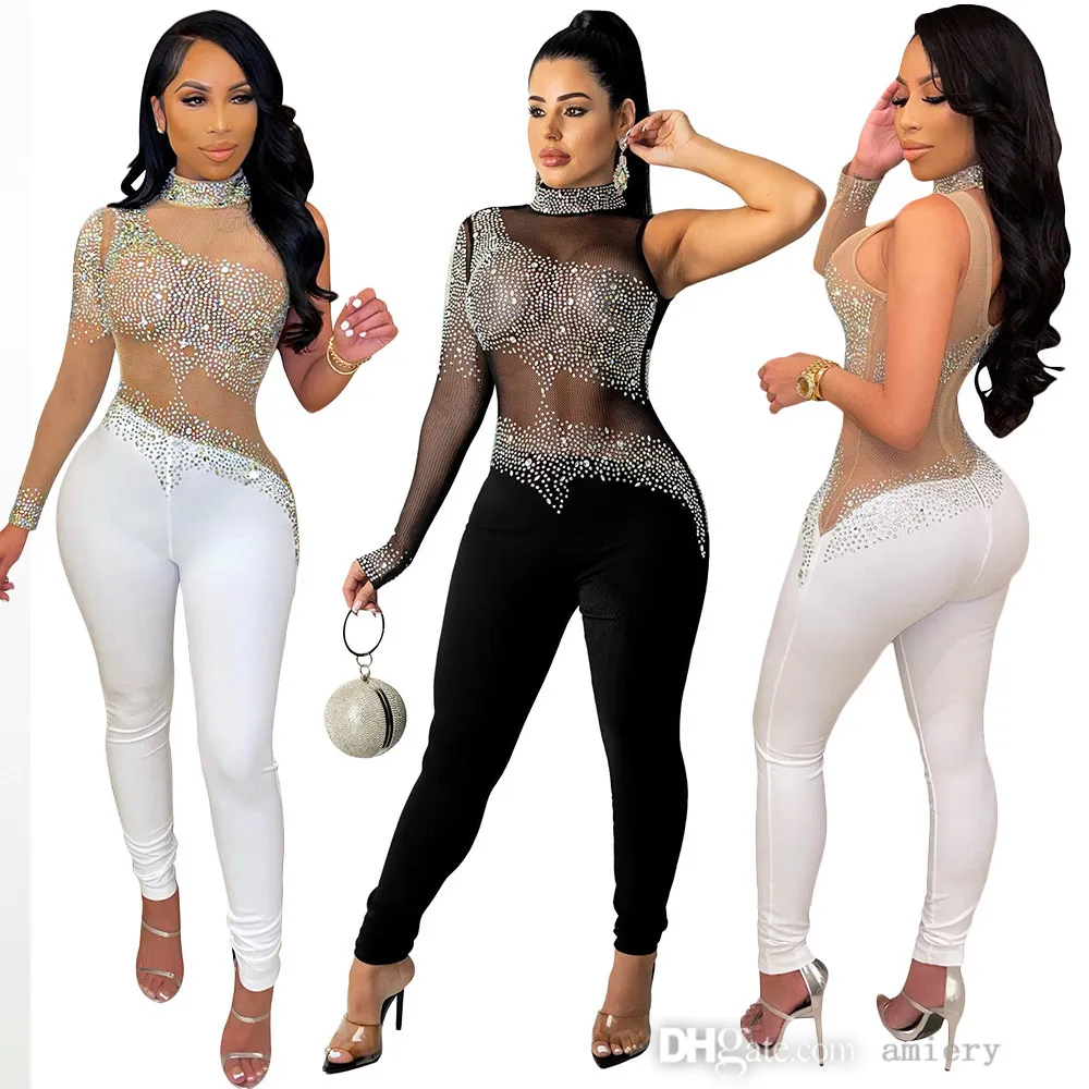 Mode Sequin Combinaisons Sexy Mesh Hot Drill Pantalon À Manches Longues Femmes Vêtements Formelle Noir Strass Fringe Pantalon