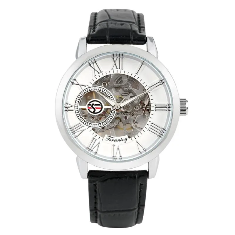 腕時計メンズ腕時計スケルトンの機械式時計高級空もりハンドイン革ストラップ