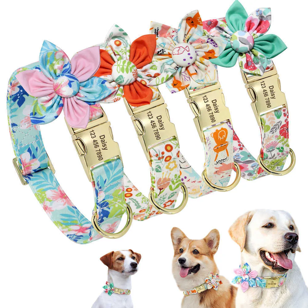 Personalized Dog Collar Printed Customized Pet Collar For Small Medium Large Dogs Free Engraved Collars Floral Dog Accessories 210712