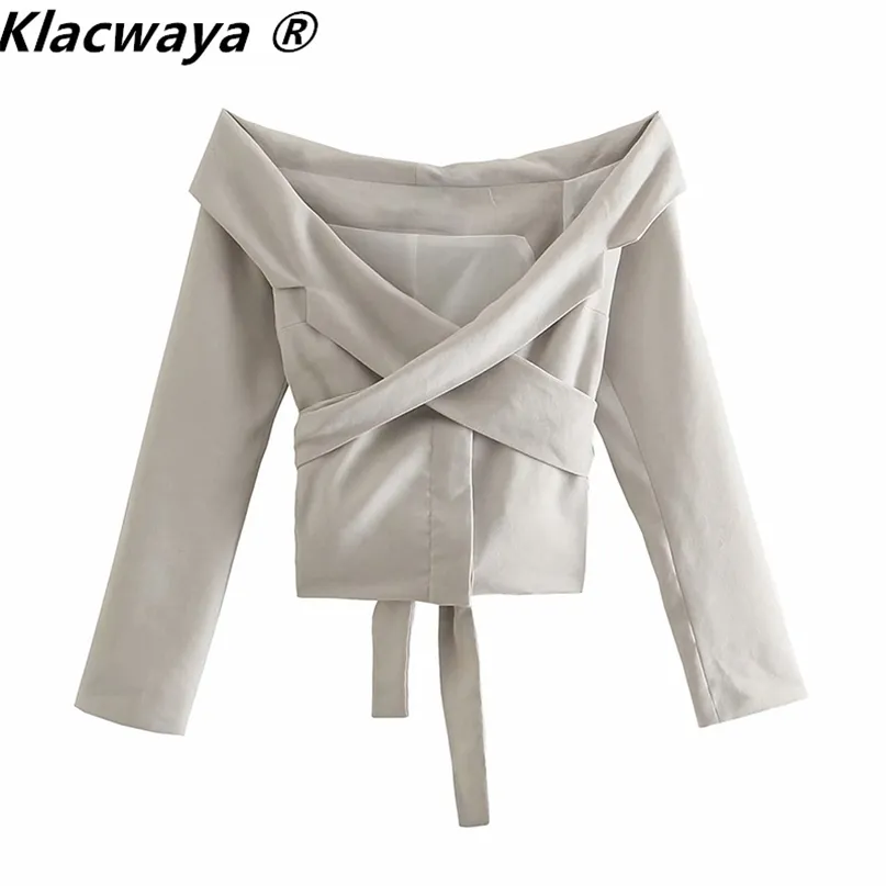 Klacwaya Za Blazer Mujer Oficina Fuera del hombro Chaqueta con cinturón Delgado Manga larga Ropa casual Traje femenino Chic Tops 211122