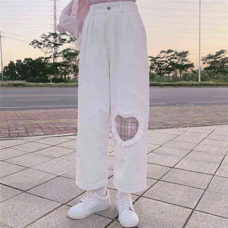 Japanese Kawaii Pink Corduroy Pants For Women Soft Plaid Wide Leg Loose  Trousers Women With Love Heart Patchwork Cute And Fashionable 211112 From  Dou02, $20.74