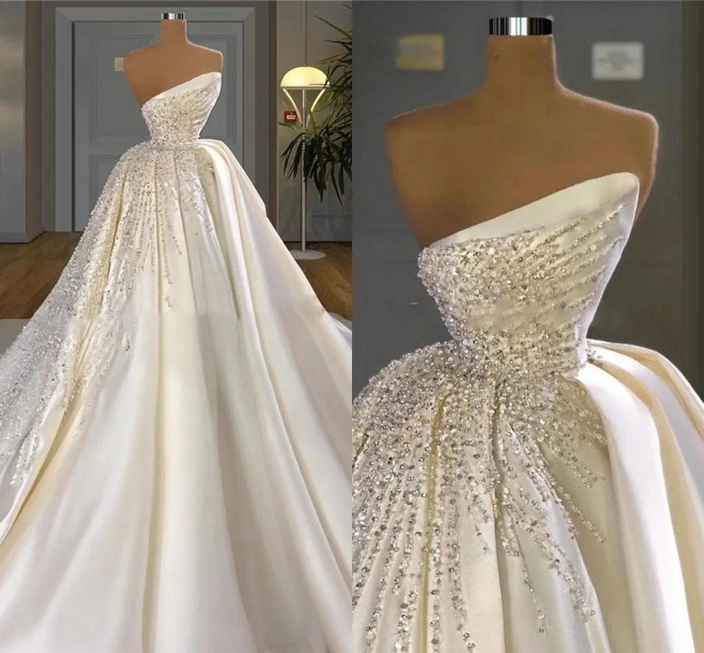 Gorgeous Dubai Arabic Strapless Wedding Dresses Luxurious Pearls Sequins Beaded Ruched Satin A Line Vintage Bridal Dresses Chapel Train Bride Vestidos AL9026