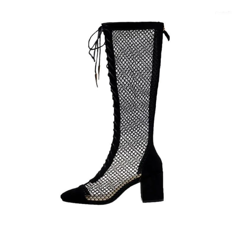 Mobetty Leather Fishnet Cross-Tied Women Boots Knee-High Thick Heels Mesh Breathabl Botas Black Apricot Feminina Feminina1