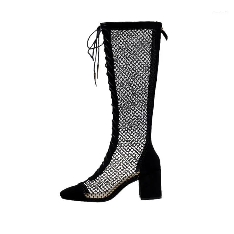 Mobetty Leather Fishnet Cross-Tied Botas de mujer Hasta la rodilla Tacones gruesos Mesh Breathabl Botas Black Apricot Feminina Feminina1