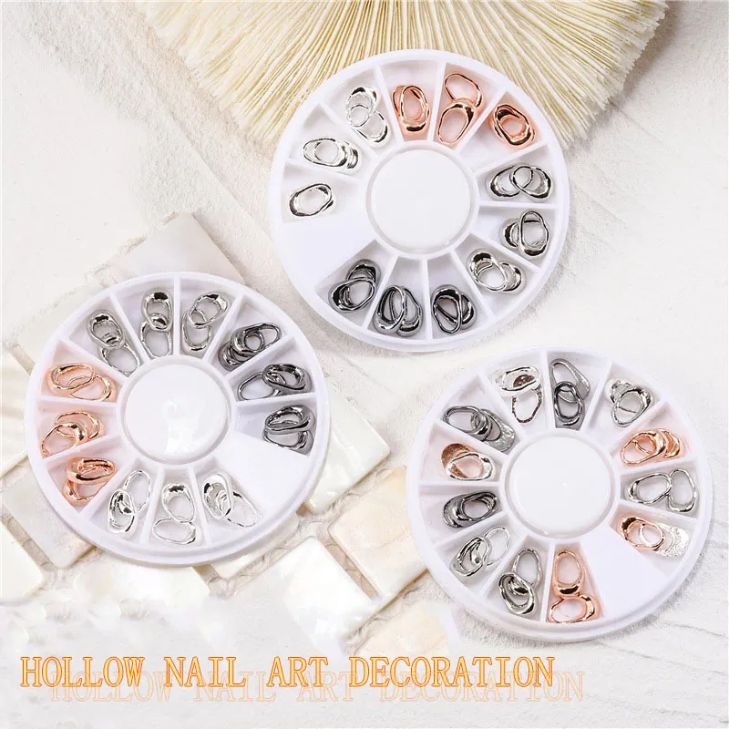 1 Wheel Nail Art Hollow Metal Jewelry Silver Gold Plated Three-dimensional Oval Alloy Lattice Ornaments Finger Tips DIY Decoration